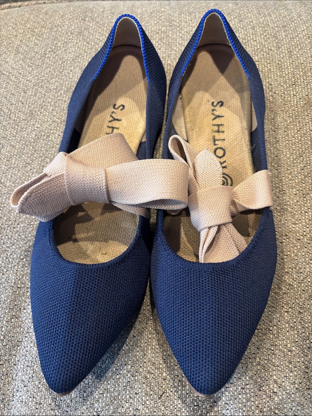 Rothy's Navy Pointed Flats with Beige Bow